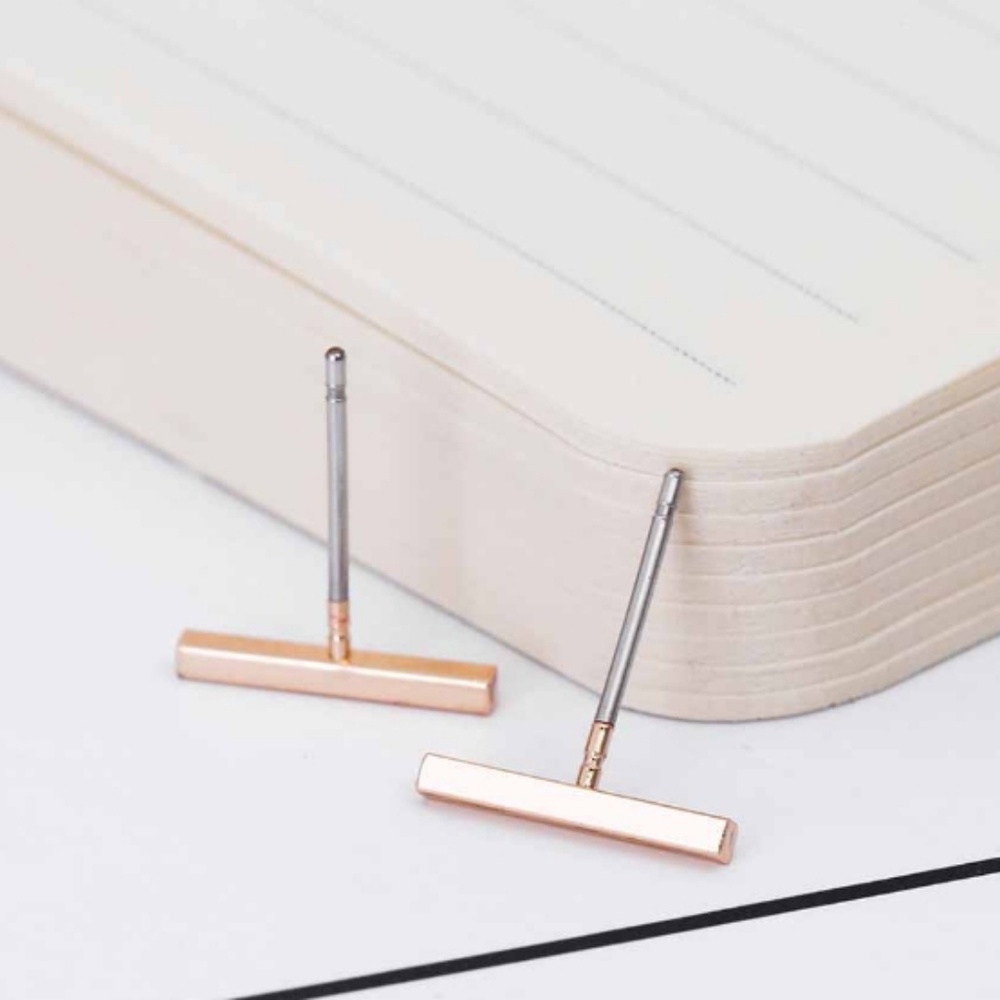 Gold Tone Bar Simple Minimalist Studs - Picture 2 of 3